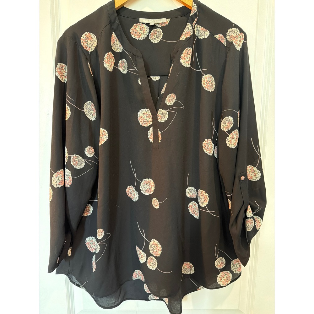 Daniel Rainn Black Floral Roll Tab Sleeve Split Neck Blouse XXL RPD14198PR1